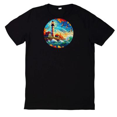 T-Shirt Buntes Buntglas Leuchtturm Motiv Baumwolle