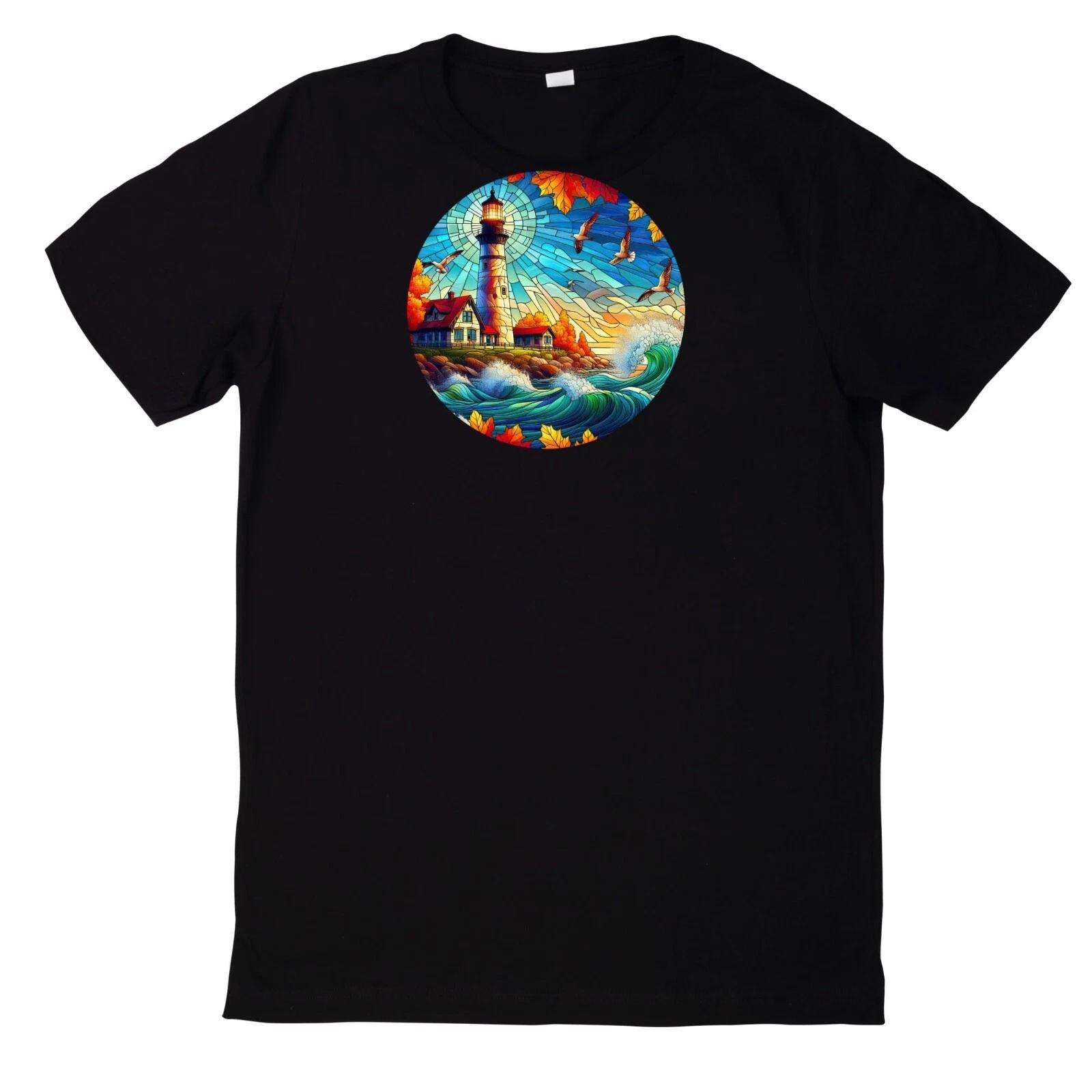 T-Shirt Buntes Buntglas Leuchtturm Motiv Baumwolle XL