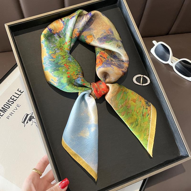 Blue Cherry Blossom Chessboard Mulberry Silk Scarf Female Simulation Silk Scarf Decorative Scarf Mom Shawl 70Cm Square Scarf