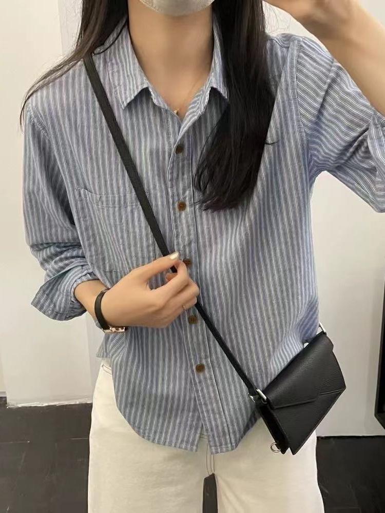 Versatile Retro Korean-Style Striped Cotton Cardigan: Artistic, Loose-Fit, Long-Sleeve Top for Spring/Autumn