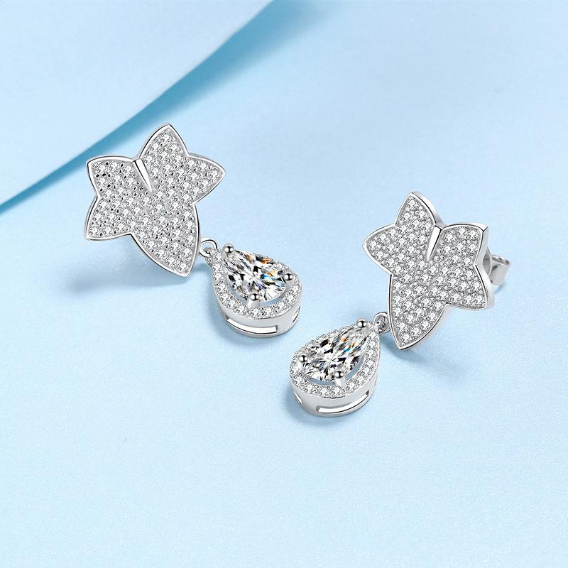 S925 Sterling Silver Earrings for Women Maple Leaf Moissanite Drip Earrings Plated Pt950 Gold Ear Jewelry