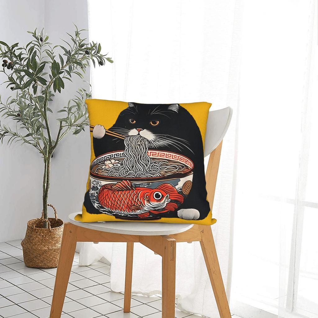 Funny Black Fat Cat Eating Ramen Pillowcases Kawaii Pillow Case For Sofa Couch Bed Living Room Design Pillow Cover