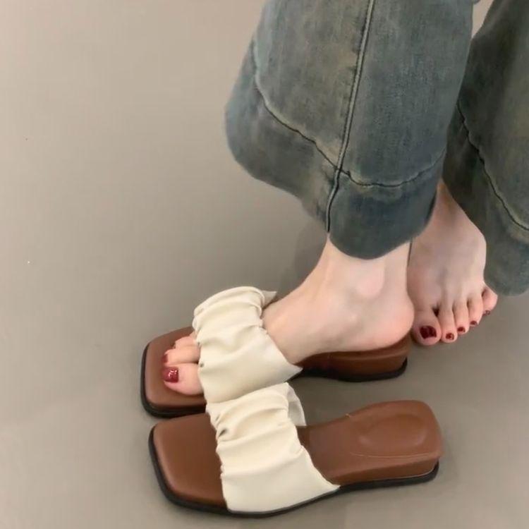 Beautiful temperament fairy style square head pleated open toes super versatile one-word slippers female slope heel soft bottom comfortable slippers