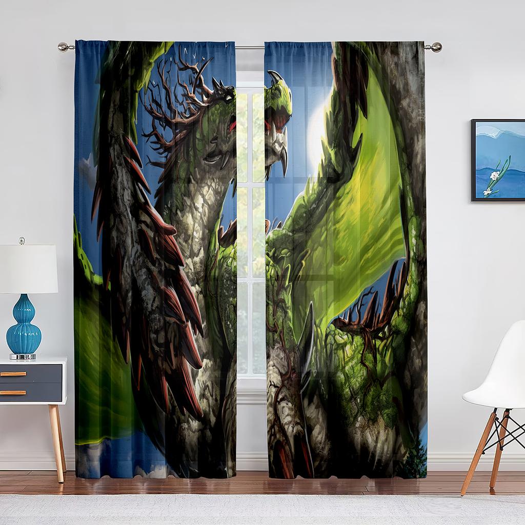 Two Golden Dragon On Red Background Sheer Voile Curtain for Living Room Bedroom Kitchen Transparent Tulle Curtain Window Drape