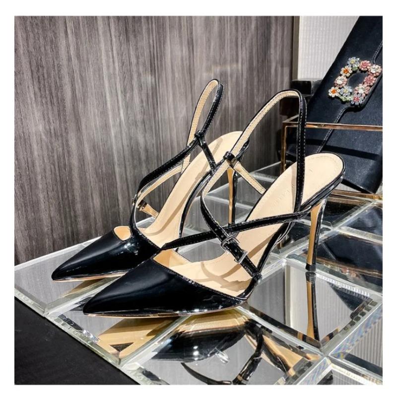 2026New Spring/Summer Silver Lacquer Leather Cross Button Strap Pointed Thin Heel Sandals for Women Sexy High Heel Single Shoes
