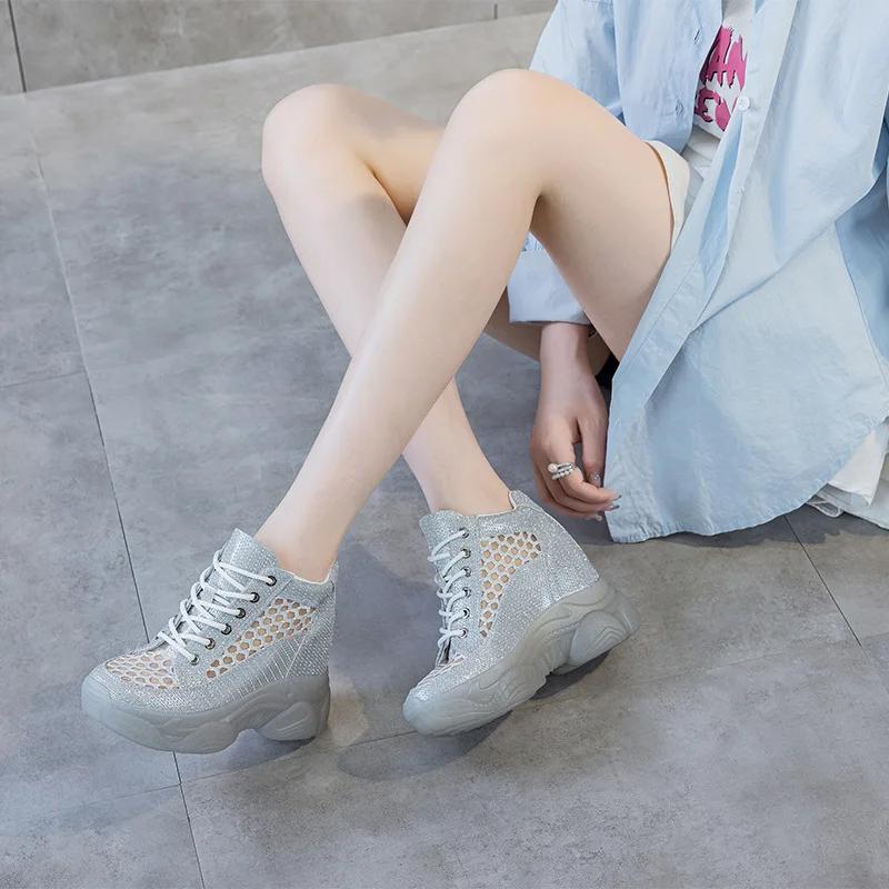 Fashion 8CM Air Mesh Synthetic Microfiber Chunky Sneakers Summer Women Shoes Platform Wedge Hidden Heels Sandals Leather Pumps Flats