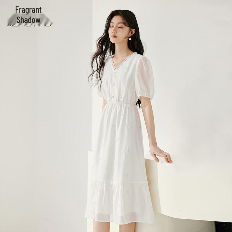 Xiangying V-Neck Embroidered Bubble Sleeve French Dress M