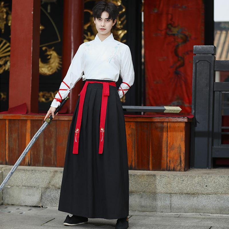 

Большой размер 4XL мужской костюм для косплея Hanfu, традиционная китайская древняя ханьфу, черно-красная рубашка + юбка + куртка L