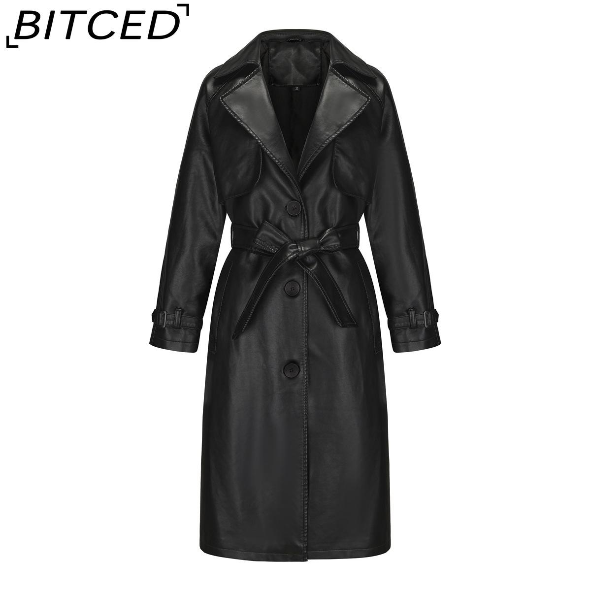 

BITCED Spring/Autumn Women s Trench Coat - Long, Loose-Fit Jacket in PU Leather Classic Women s Collared Coat with Belt S чёрный