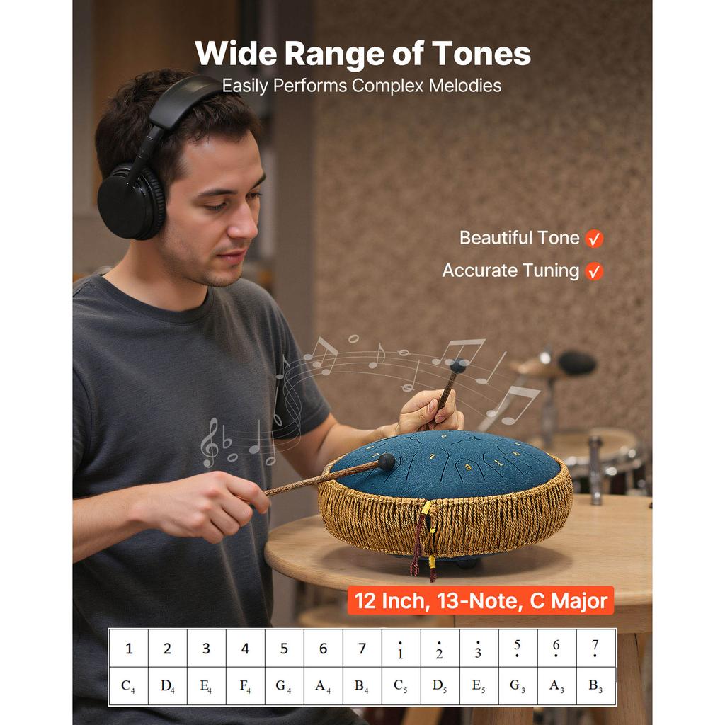SucceBuy Steel Tongue Drum Rain Drum for Outside Garden C Major Musical Drums w/ Music Book for Yoga Beginner Musical Education
