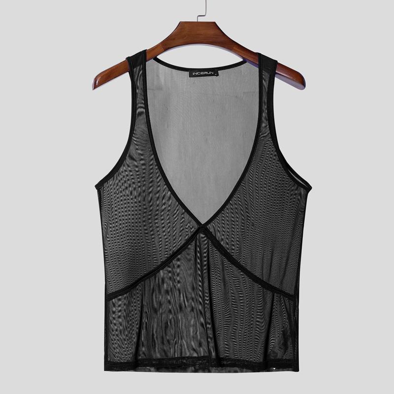 INCERUN Men Deep V Neck Sleeveless See Through Mesh Sheer Tank Tops