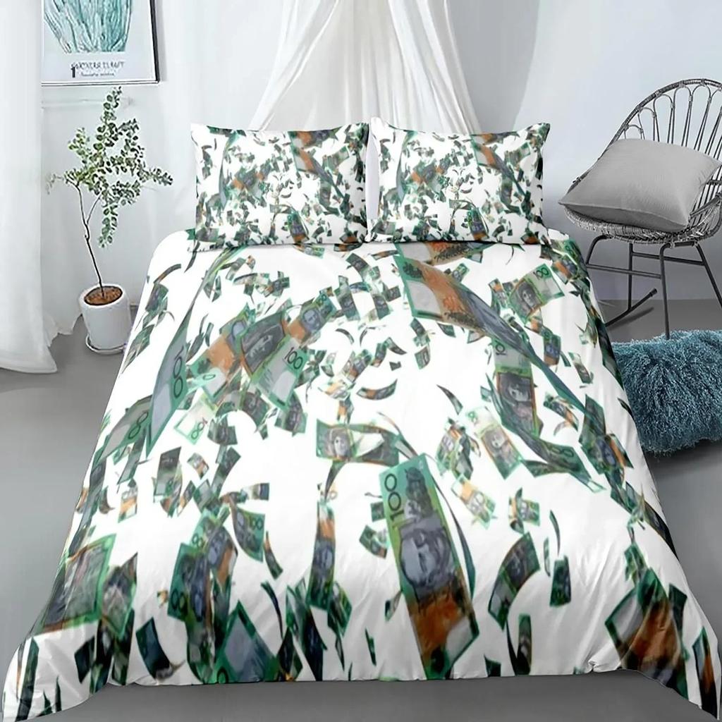 Dollar Duvet Cover Set, Art Blue Printing Money 3 Piece Bedding Set Queen/King/Full/Twin Size Quilt Cover for Boys Teens Girls