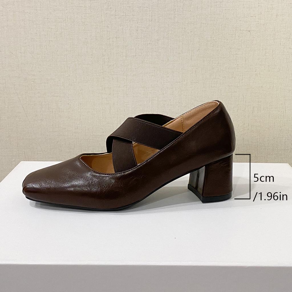 Fashion Women Pumps Thick Medium Heel Crossed Elastic Band Ballet Shoes Woman Vintage Square Toe Burgundy Pump Spring Autumn Heels Women