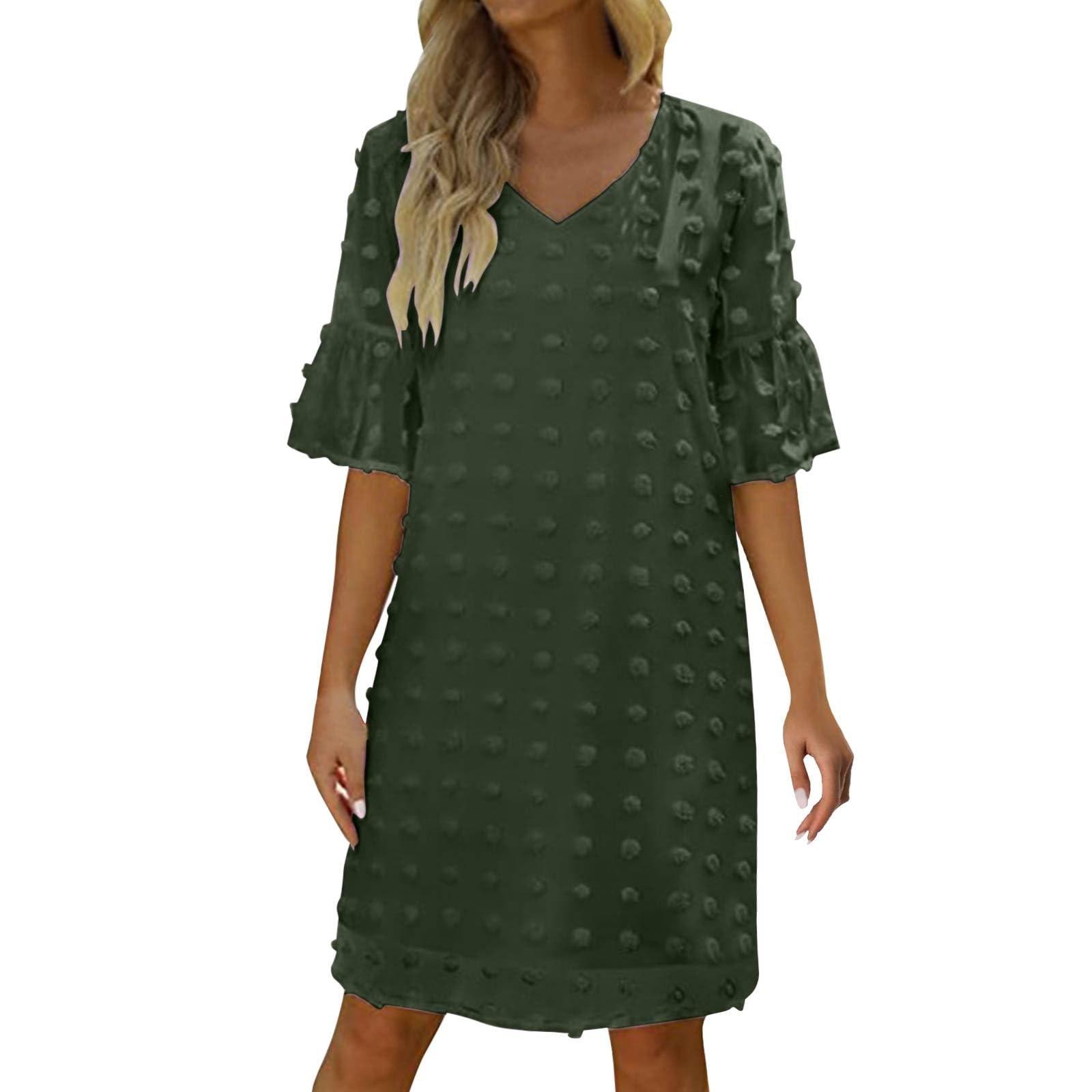

Женское летнее платье с V-образным вырезом, однотонное, шифоновое, в горошек, свободное, короткое XXL зелёный