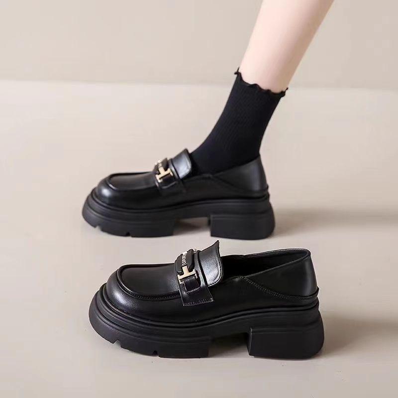 Women's new autumn platform retro one-pedal small leather shoes black women