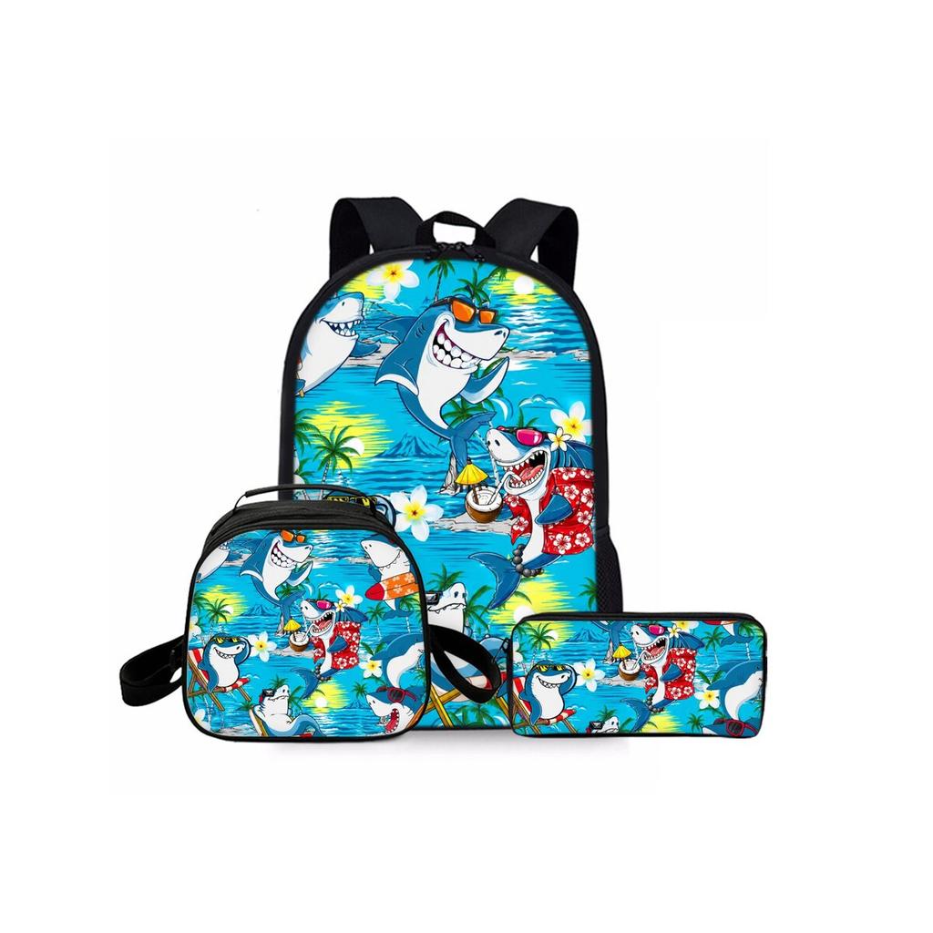Shark Marine Print Three Piece Set Backpacks for Boy/Girls Best Gift 2D Cartoon Fashionable School Bag for Children