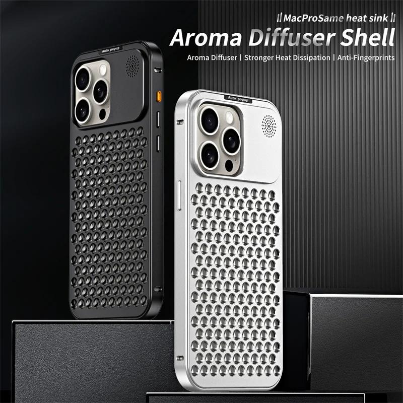 Metal Aluminium Hollow Cooling Phone Case for iPhone 17 14 13 15 16 Pro Max 17promax Aromatherapy Diffuser Detachable Rear Cover