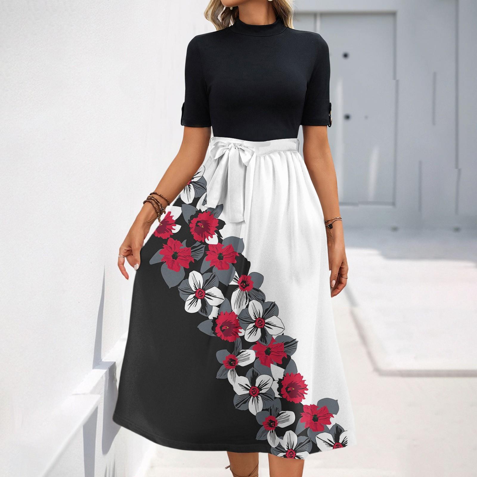 

Женское модное повседневное платье с коротким рукавом и круглым вырезом с цветочным принтом и элегантным темпераментом XL винный