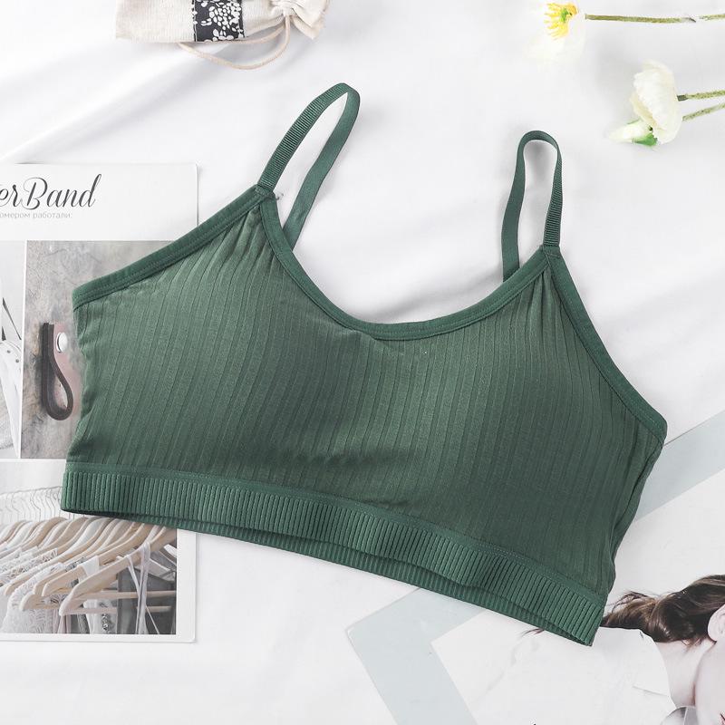 Girls Summer Wireless Cotton Bandeau: Breathable, Gathered, High-Elasticity, U-Back, Skin-Friendly Student Top. M (80-105 lbs) зелёный