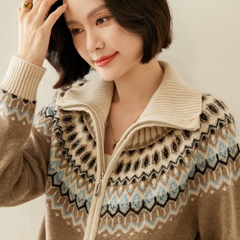 Women's Fair Isle Cashmere Zipper Cardigan - Cozy Autumn/Winter Sweater Coat.
