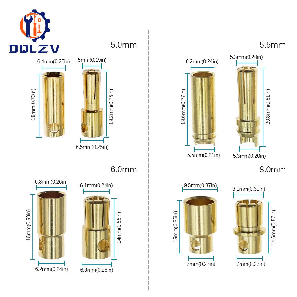 2.0mm 3.0mm 3.5mm 4.0mm 5.5mm 6.0mm 8.0MM Gold Bullet Banana Connector Plug for ESC Lipo RC Battery Plugs