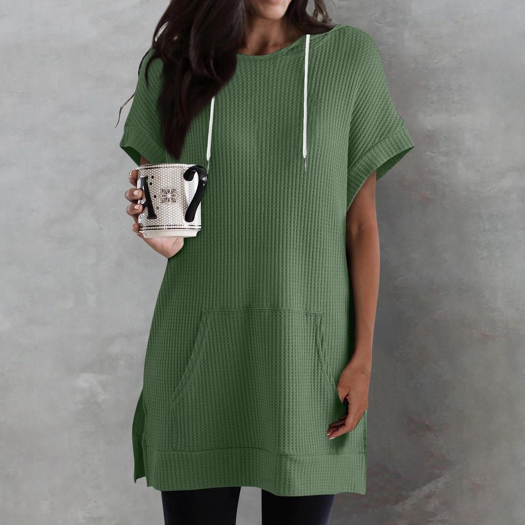 Women's Color Loose Shirts Short Sleeve Drawstring Hoodies Knit Side Slit Tunic Hooded Tops With Pocket