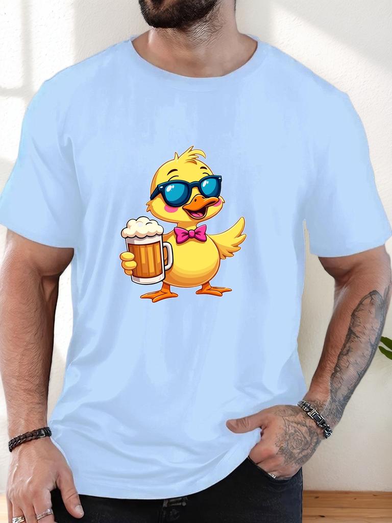 Fun Yellow Duck Sunglasses Bow Beer Cup Graphic Unisexs Short Sleeve T Shirt Summer Beach Casual Animal Drinking Daily Basic Tee