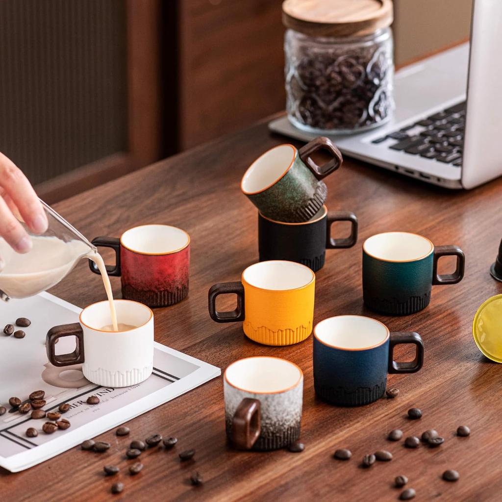 50ml Ceramic Espresso Cups with Wooden Handle Espresso Shot Cups Ceramic Tea Cups Porcelain Demitasse Cups for Coffee or Tea