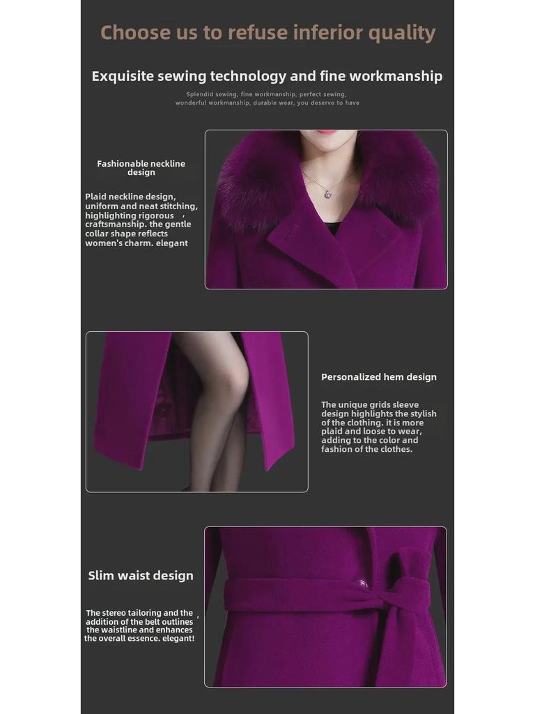 Damen Großer Slim Fit Zweireihiger Wollmantel - Mittellang, Knielang, Wollkragen, High-End-Design