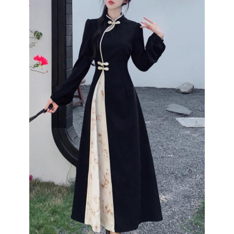 New Year Cheongsam with Frog Buttons: Women's Plus Size Long Dress with Patchwork and Dark Patterns