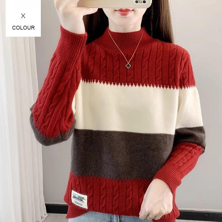 Women's Half Turtleneck Sweater Fall Winter Loose Knit Sweater Top Pullover Knit Jumper Color-blocked Plaid Knitwear