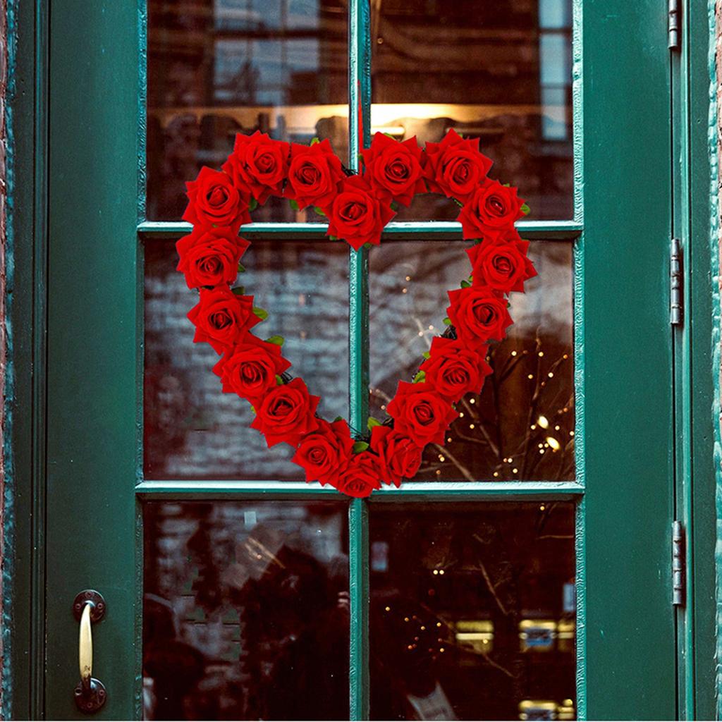 Artificial Rose Wreath Heart Shaped Floral Rose Artificial Garland Door Wreath For Home Party Wedding Valentine's Day Decoration, Red Rose