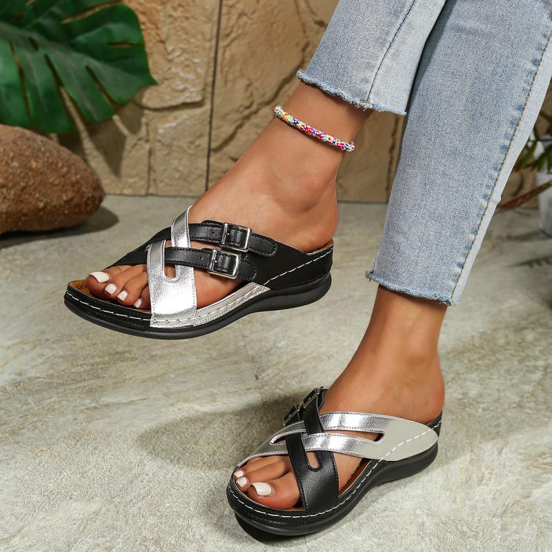 Sexy Metal Buckle Decoration Cross Strap Slides Women 2025 Summer Mix Color Wedge Heels Slippers Silver Soft Sole Beach Sandals