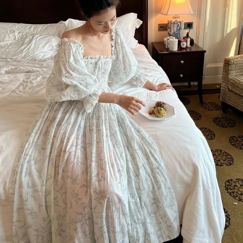 Spring Sumer Floral Fairy Printed Nightgown French Retro Girl Sweet Home Outfit Long Nightdress Women S