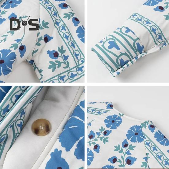 Damen Steppjacke Blumendruck Pufferjacke Langarm Rundhals Button Down Oberbekleidung Mantel mit Gürtel