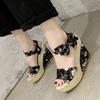 Wedge Heel Muffin with Ribbon Wind Platform Bohemian Flower High Heel Beach Shoes Blue Black Fish Mouth Women's Sandals