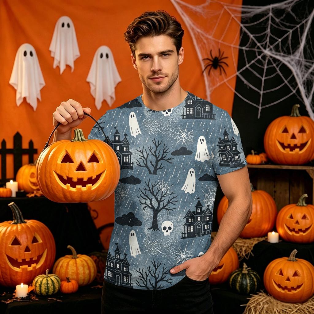 Men's Halloween Printed Neck Short Sleeve T-Shirt