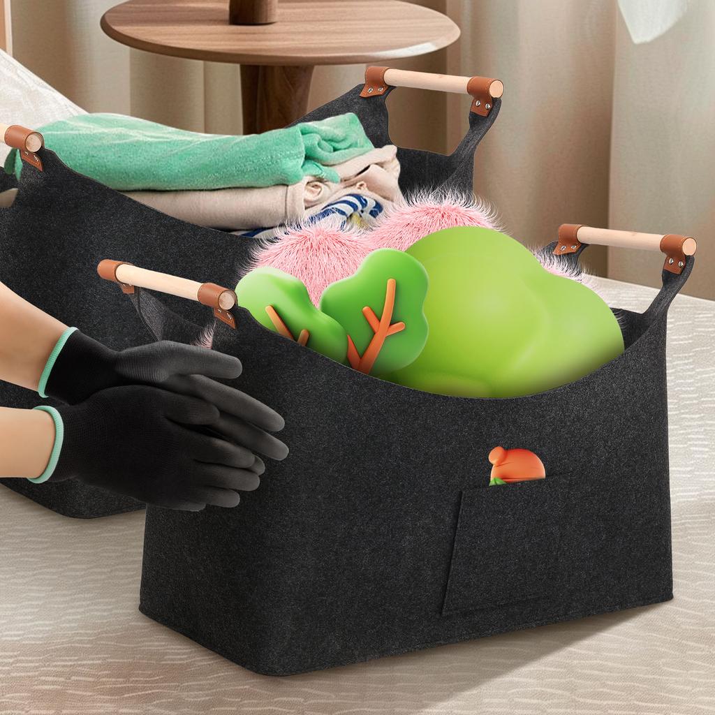 2Pcs Felt Firewood Basket with Gloves Foldable Large Capacity Firewood Wood Carrier Bag Household Toy Clothes Storage Basket