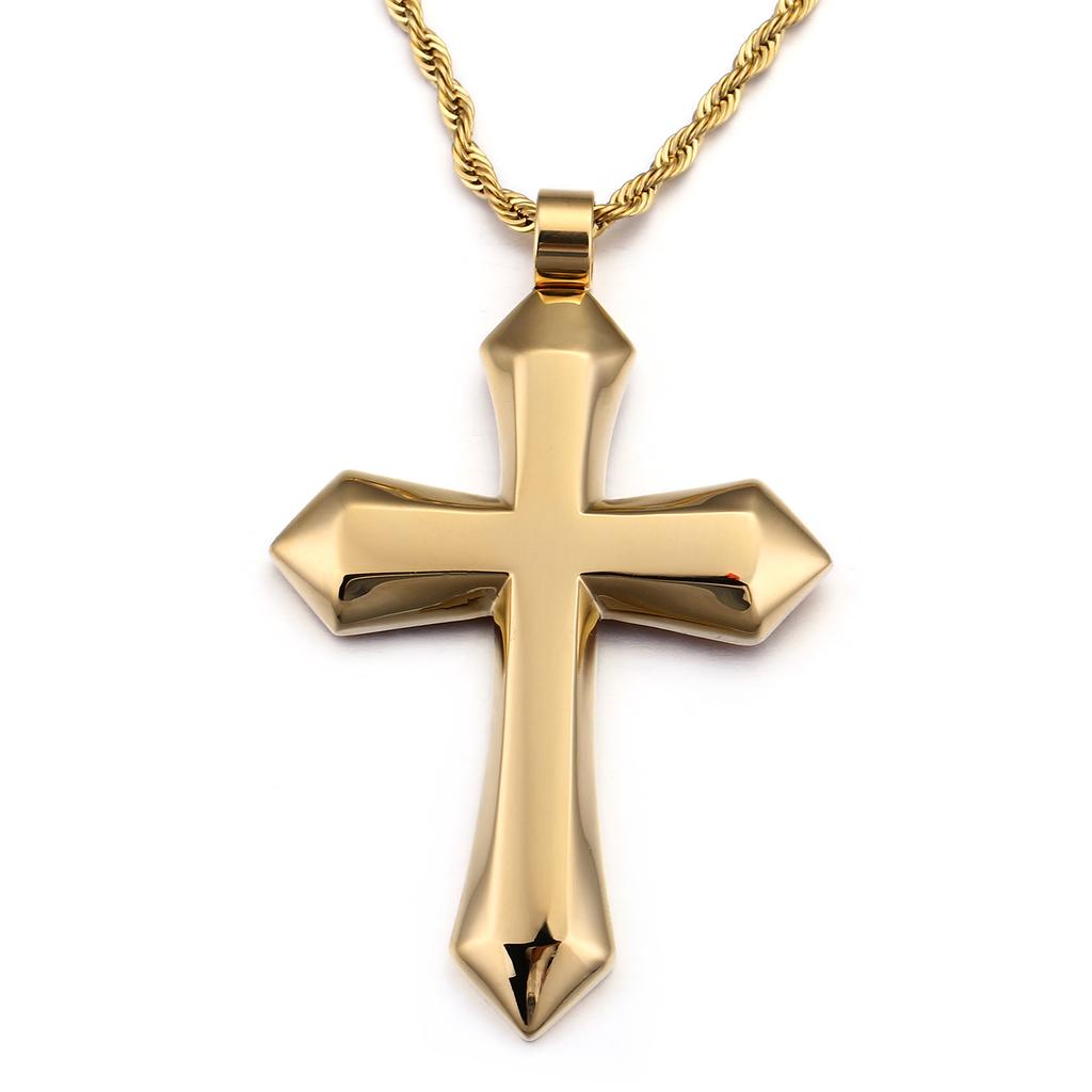 Heavy Big Shiny Golden Cross Pendant Men's Necklace Stainless Steel Punk Trend Jewelry Chunky Metal Cross Charm Gift