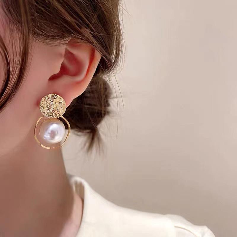 Irregular Round Large Pearl Hollowed Geometric Metal Earrings For Women Party Gift Jewelry Accessories