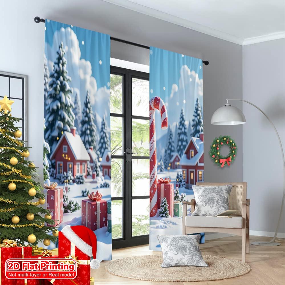 2pcs 2D Flat Printing Merry Christmas Popular Window Curtains North Pole Christmas Village Gifts Polyester Without Electricity
