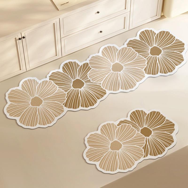 Floor Mat For Kitchen Non-Slip Waterproof Oil-Proof Rug Brown Flower Irregular Leather Carpet Home Decoration Long Size Mats