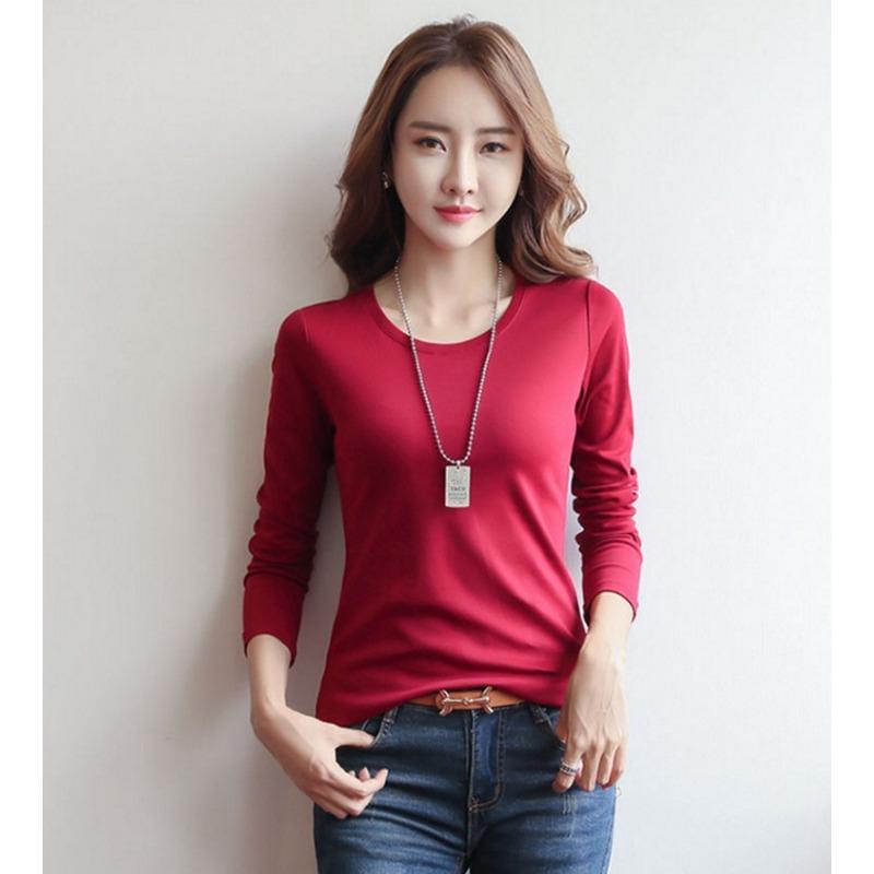 Round Neck Solid Color Long Sleeved Women's T-shirt