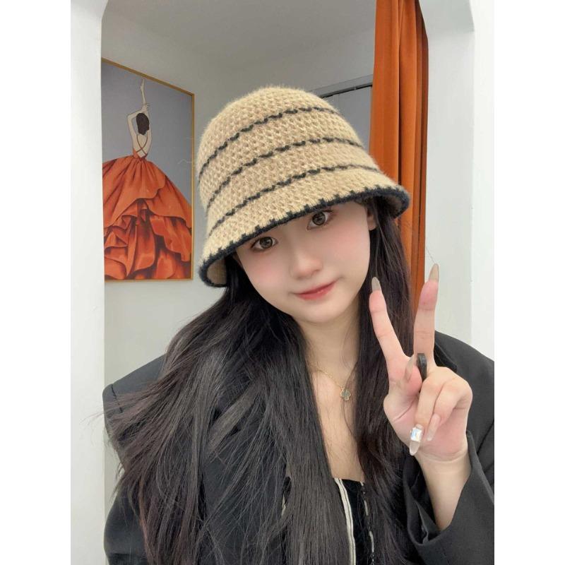 

Knitted hat children s autumn and winter new striped lazy wind bucket hat showing face small bucket hat Adjustable хаки