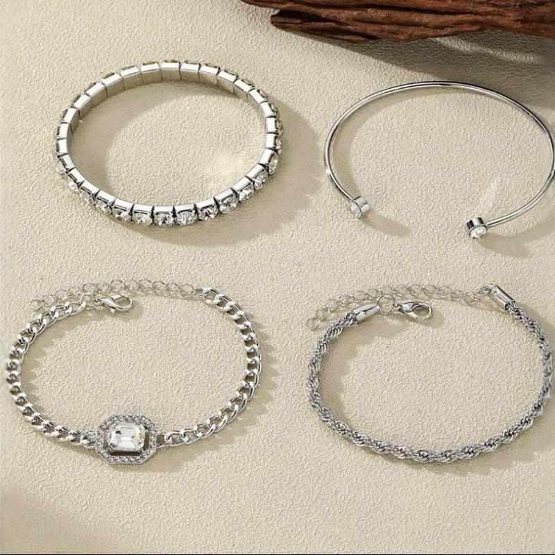 Literary and Artistic Retro Versatile Metal Chain Square Diamond 4-piece Set of Hot Selling Multi-layer Diamond Stacked Bracelet Set