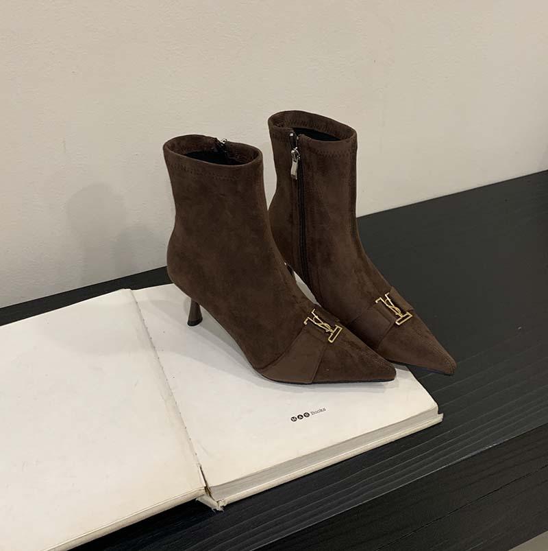 2025 Autumn and Winter New Retro High-heeled Short Boots Women's Thin-heeled Metal Buckle Martin Boots Suede Temperament Elastic Thin Boots