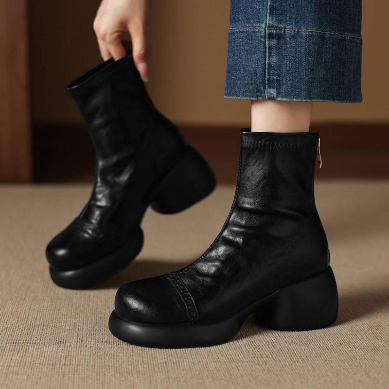 Neue Damenmode-Stiefel mit runder Spitze, dicker Sohle und Übergröße, bequeme und rutschfeste Damenstiefel mit hohem Absatz und Reißverschluss hinten, runde Spitze, Blockabsätze.