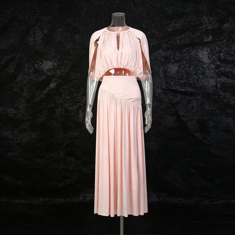 

Casual Style Suit Irregular Sleeves Hollow Pleated Top + Solid Color Skirt Women L розовый