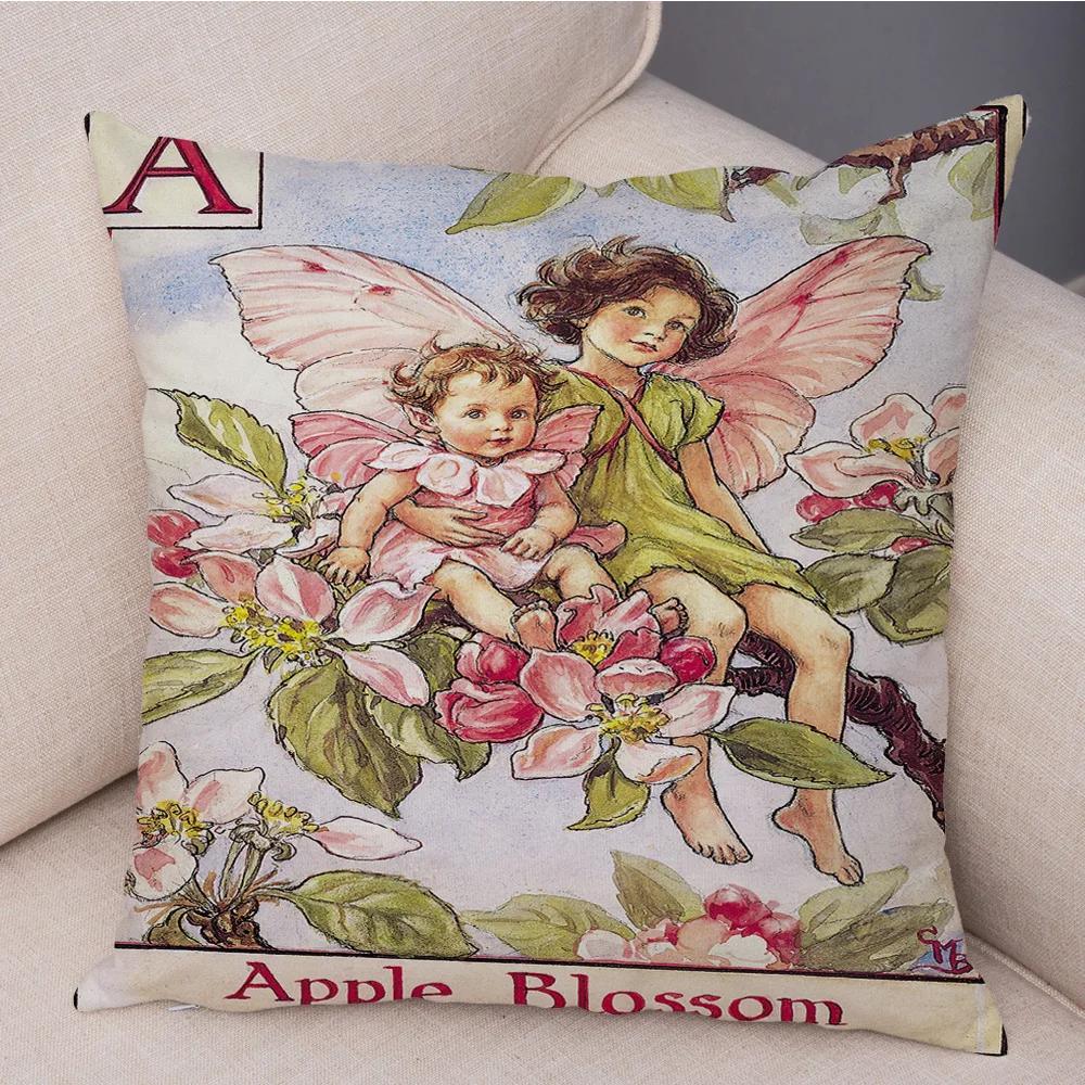 Vintage Floral Girl Pillowcase Decor Cute Cartoon Flower Elf Fairy Tale for Sofa Home Pillow Case Soft Plush Cushion Cover