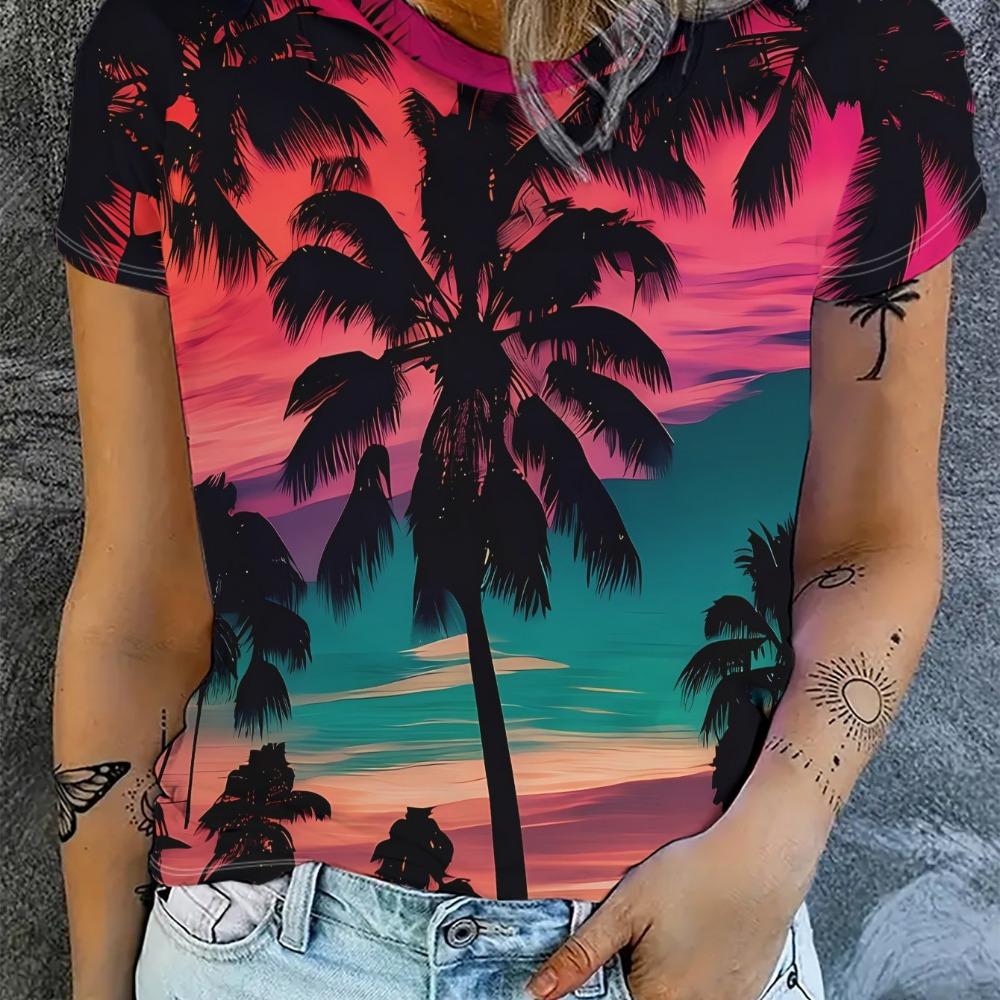 Ladies' Coconut Tree Sunset Printed Short Sleeved T-shirt